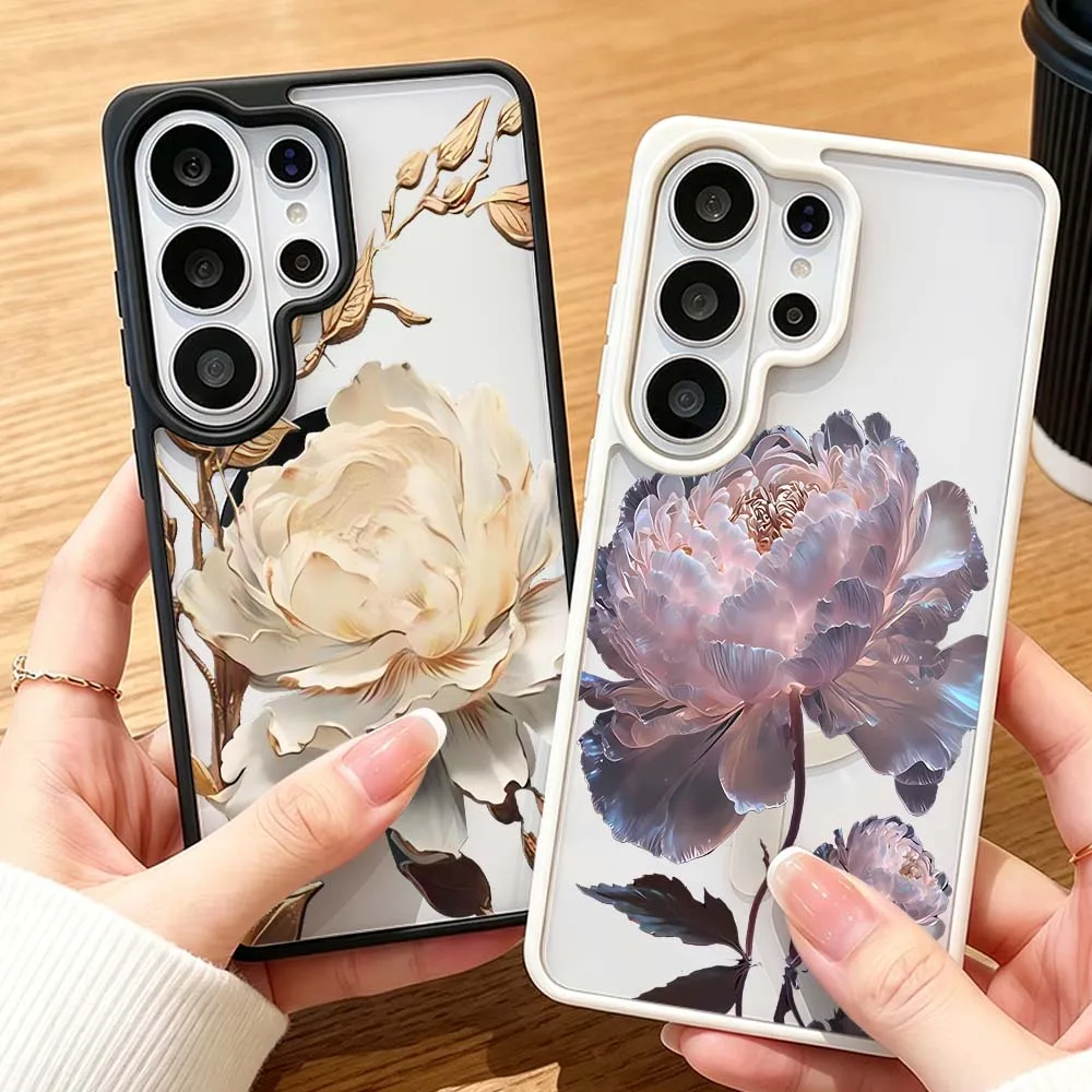Cool Pink Peony Lotus Print Wireless Charge Magnetic Magsafe For Samsung Galaxy S26 S25 S24 S23 S22 FE Ultra Plus Phone Case