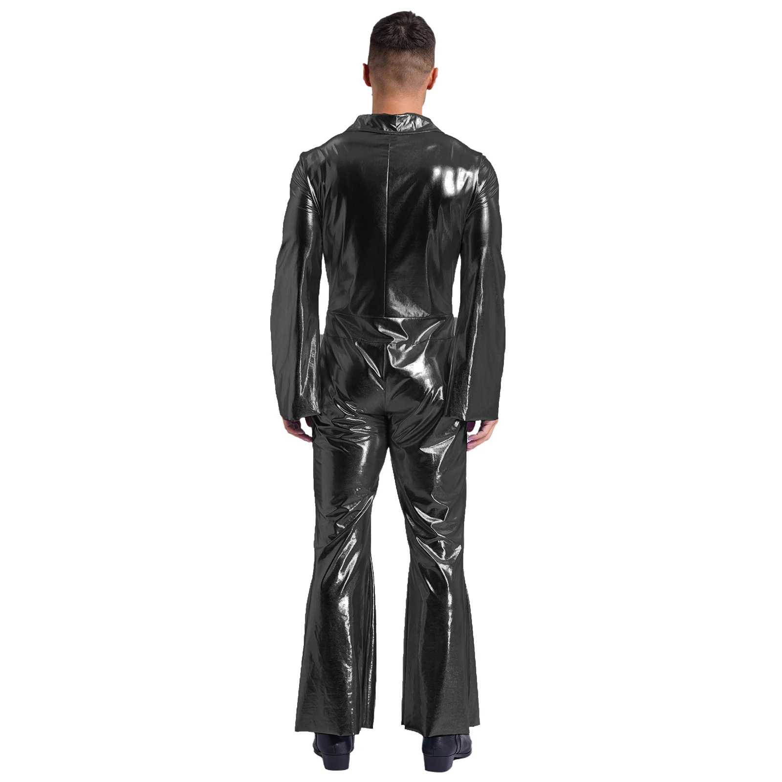 Mens Western Cowboy Jazz Costume 70s Disco Metallic Shiny Jumpsuit Lapel Flare Sleeve Front Zipper Wide Leg Pants Romper Vintage