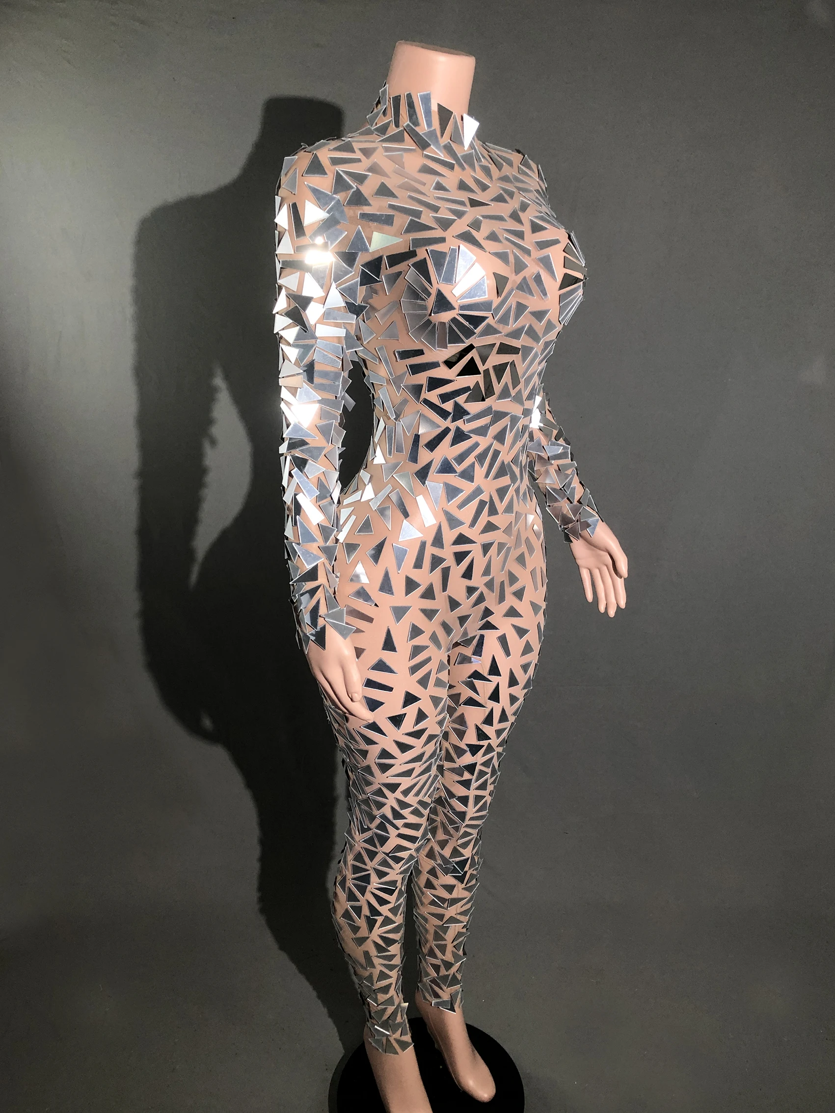 see through sheer fabric jumpsuit long sleeved pants lens high collar hanging neck stage performance costume