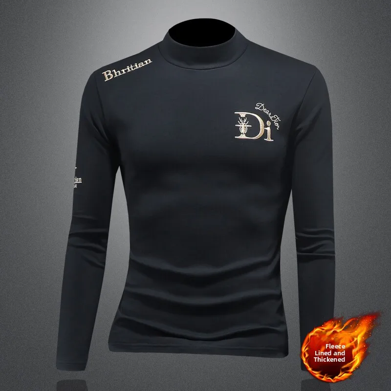 

Thiened Fce Long Sve Men's T-irt Embroidered Slim Fit Base irt Faionable Urban Sle Cotton Geometric Print