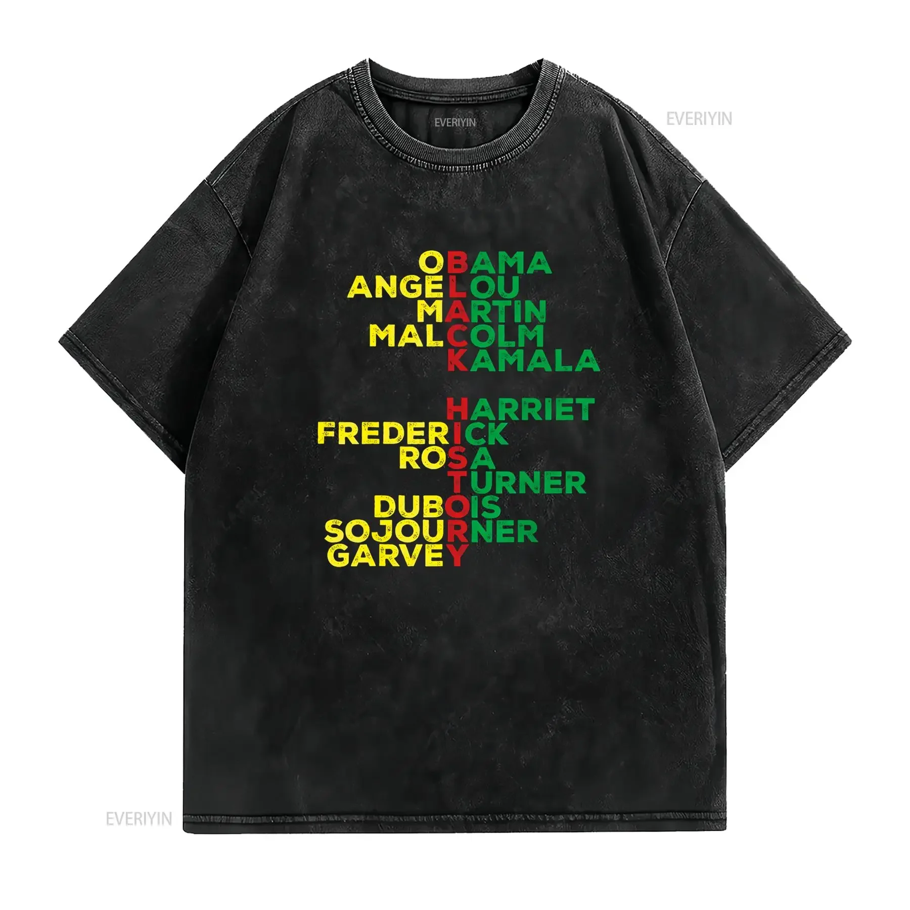 تي شيرت أسود لشهر التاريخ للأولاد والبنات، قميص كاجوال مغسول للجنسين للارتداء اليومي، ممتد قليلاً وناعم ومتعدد الاستخدامات