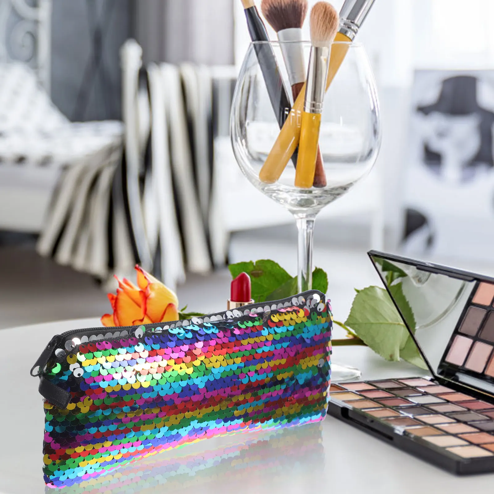 キラキラスパンコールバッグ小さなかわいい化粧ポーチ女性トイレタリー収納トラベルオーガナイザーハンドヘルドグリッタービューティーバッグティーン