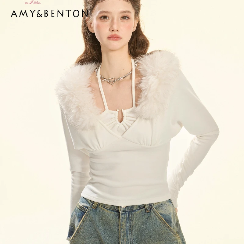 

French Design White Batwing Sleeve Halter Furry Collar Women's Top 2025 Autumn Winter New Sweet Versatile Bottoming Shirt Girl