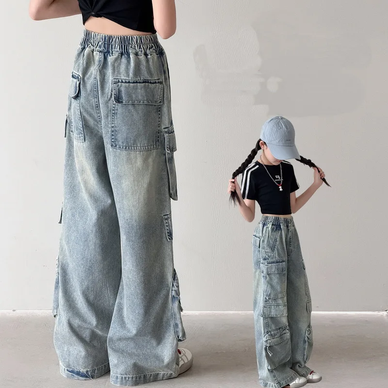 Teenage Girls Casual Cargo Jeans With Multi Pocket Preppy Loose Straight Children Denim Pants Fashion Kids Trousers Sweatpants
