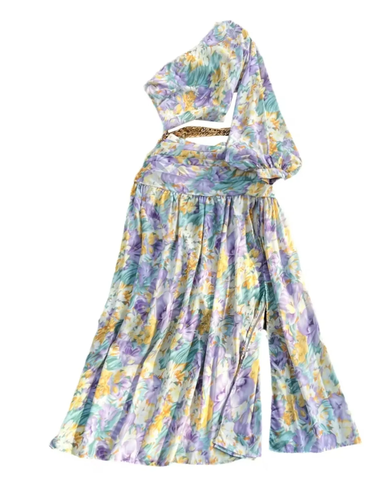 Foamlina เซ็กซี่หนึ่งไหล่แขนยาวพิมพ์ลายดอกไม้ผู้หญิงฤดูร้อน Hollow Out สูงแยกสายวันหยุด Beach Maxi Dress