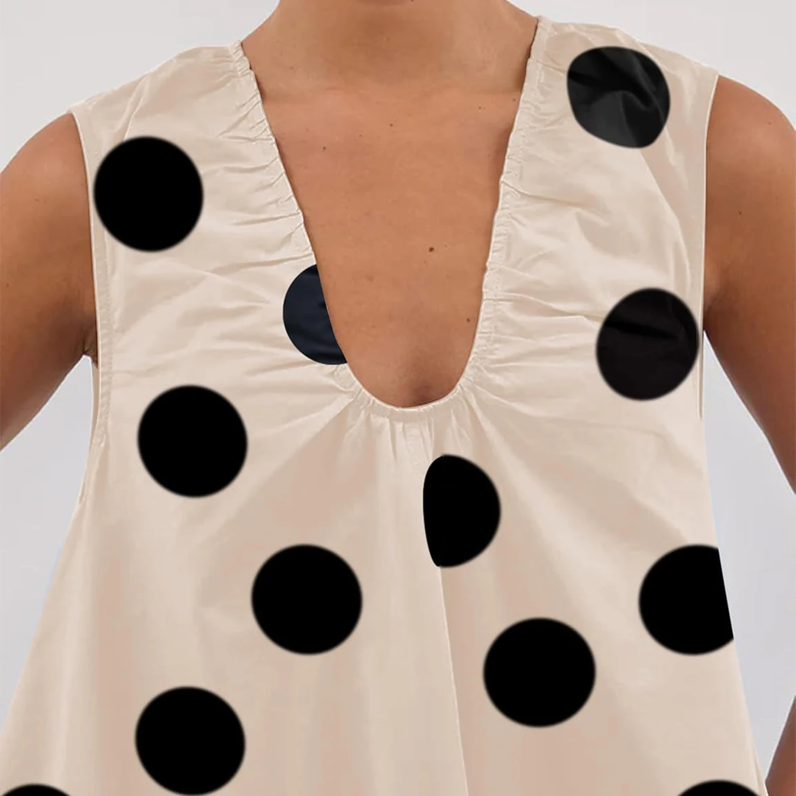 Combhasaki feminino verão casual solto ajuste elegante bolinhas impressão plissado decote em v sem mangas a linha curto mini babydoll tanque vestido