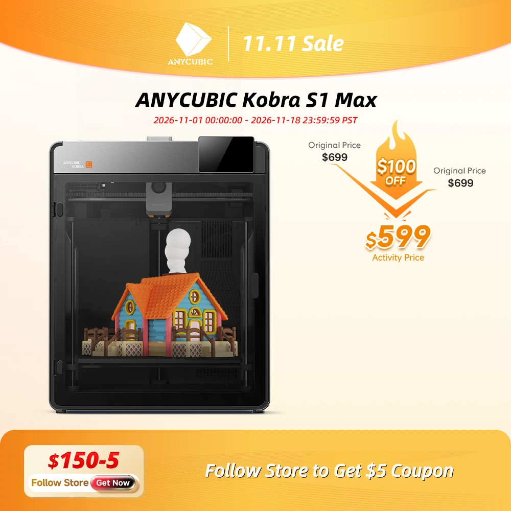 Anycubic Kobra S1 Max 3D Printer,Hardened Steel Nozzle,350℃ Hotend,High Precision Max Speed 600mm/s 3D Printer,350×350×350mm
