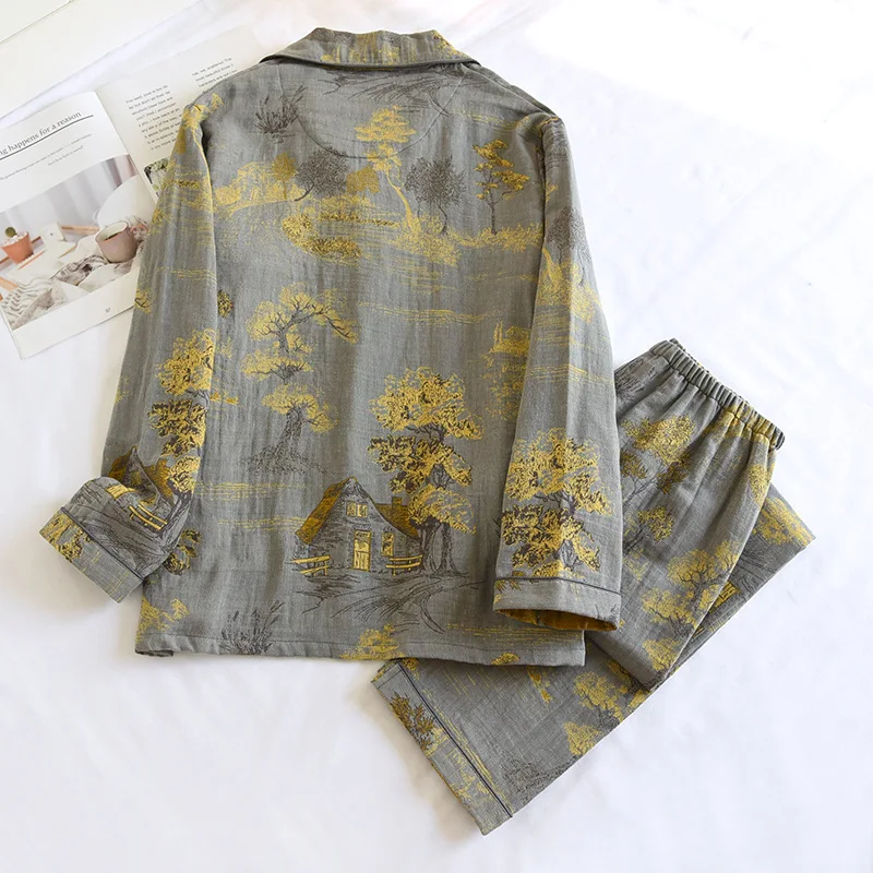 بيجامات رجالية يمكن ارتداؤها خارج ربيع الخريف رقيقة قميص قطني بكم طويل بنطلون ملابس منزلية طقم بيجامة رجالي