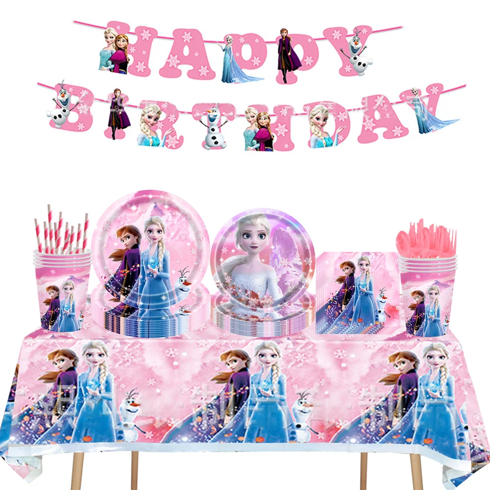 Disney Frozen Theme Party Supplies, Disposable Tableware Paper Cup Napkins Plates Banners Elsa and Anna Birthday Decorations