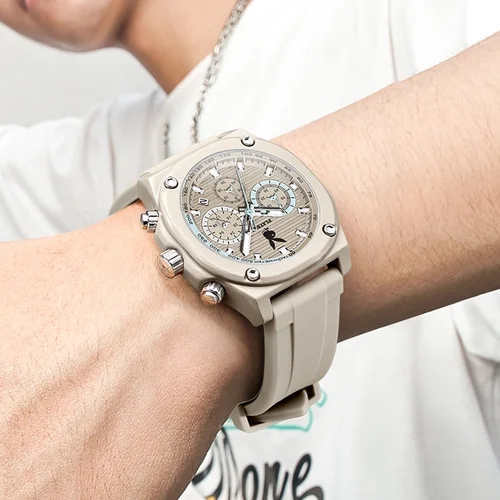 Imagen 2 del producto Reloj de cuarzo multifunción para hombre, cronógrafo de negocios con correa de silicona Original, resistente al agua, calendario, tendencia de marca superior