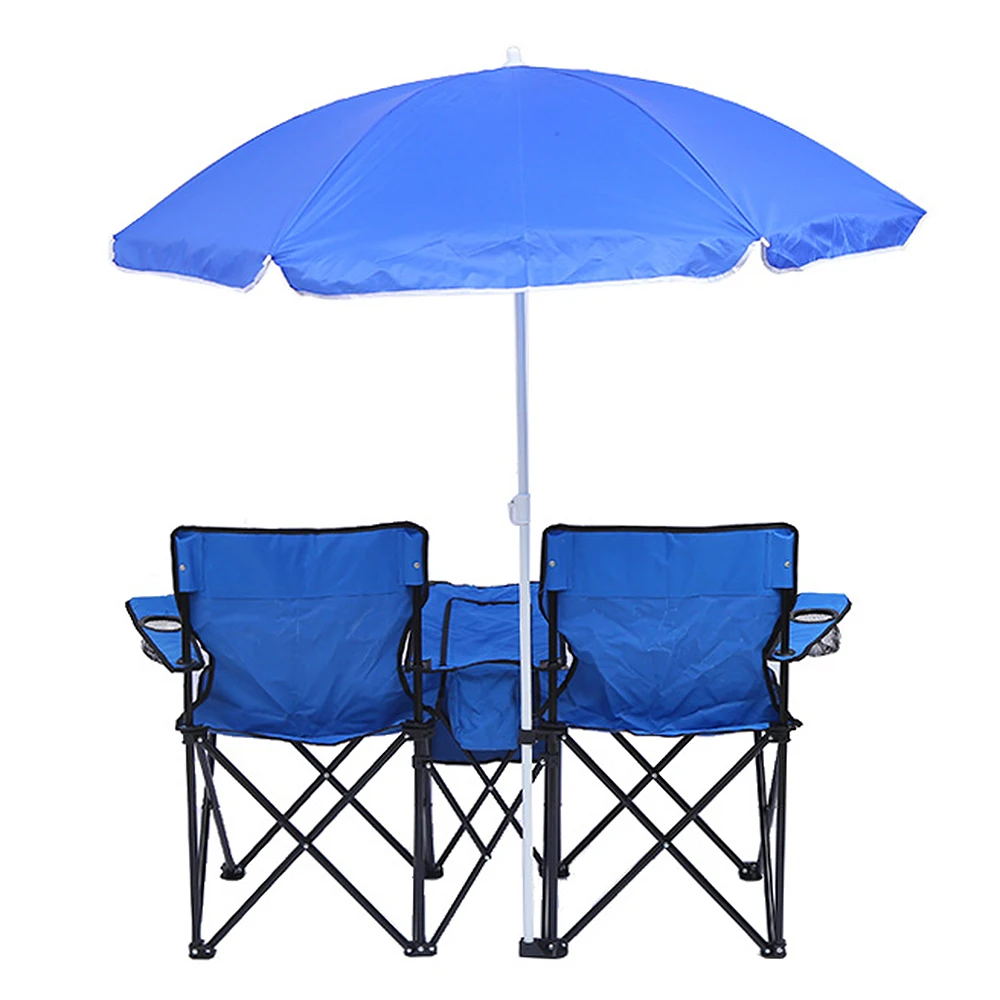 

Folding Chair Foldable Portable Camping Outdoor Beach Lawn Chair with Sunshade Ice Bag for Two People