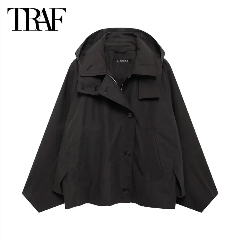 TRAF Giacca a vento da donna 2024 Autunno Caldo Inverno Breve Trench con cappuccio Ritagliata Plus Size Manica lunga Parka Capispalla