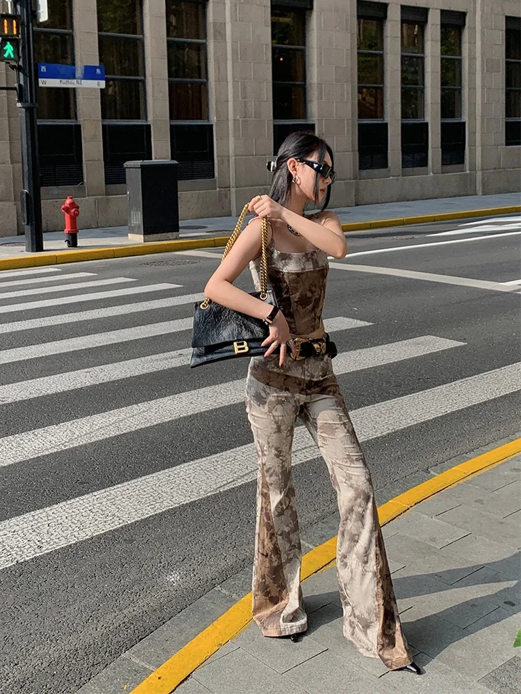 

IAMC plus Sunny Color Blo Fibone Strap Vest Floral Dyeing Wide Leg Pants Vintage Sle ort Length Slim Fit Polyester Blend