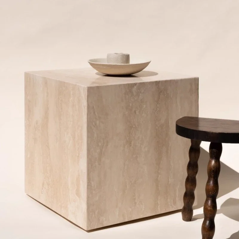 

Nordic yellow travertine small side table, living room sofa corner table, simple and modern square bedroom bedside table