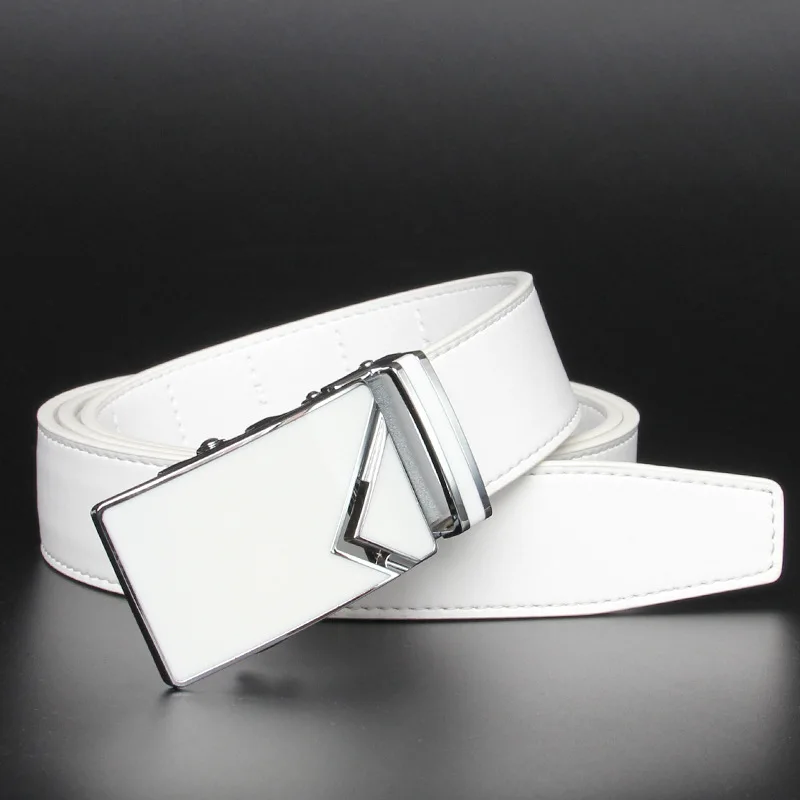 New Fashionable White Men Belts Automatic Alloy Buckle Male Belt Genuine Cowskin Leather Golf Belt Plus Size 130cm