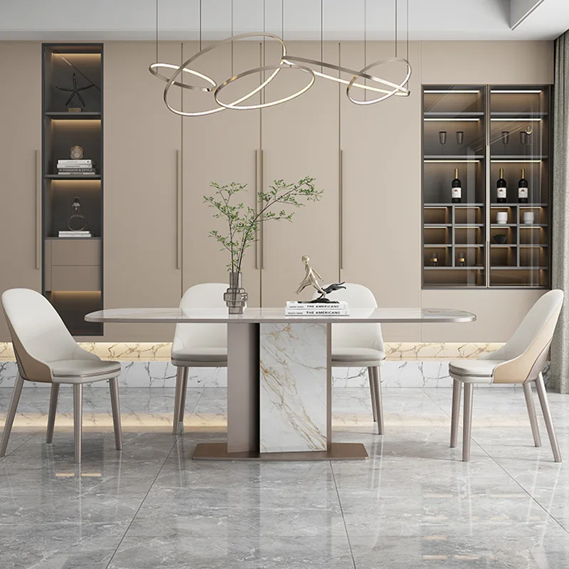 Light Luxury Glossy Rock Slab Dining Table Home Modern Minimalist Rectangular Creative Dining Table And Chairs Combination