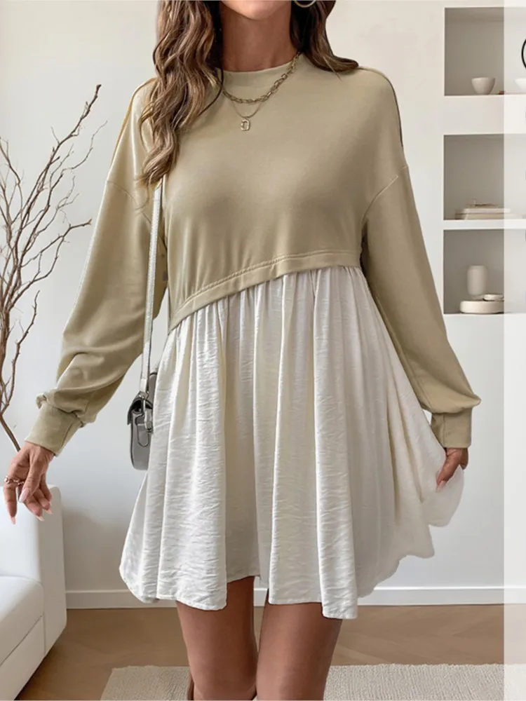 

Autumn Spring All-match Dress Vestido Dresses 2025 Woman Contrast Simple Style Simple Style Long Sleeves Casual Commuting Office