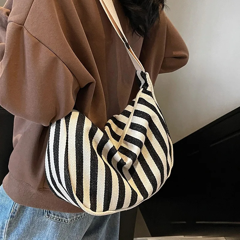 Retro Artistic Striped Canvas Bag, Simple Casual Fashion Large Capacity Shoulder Bag, Women's Storage Bag