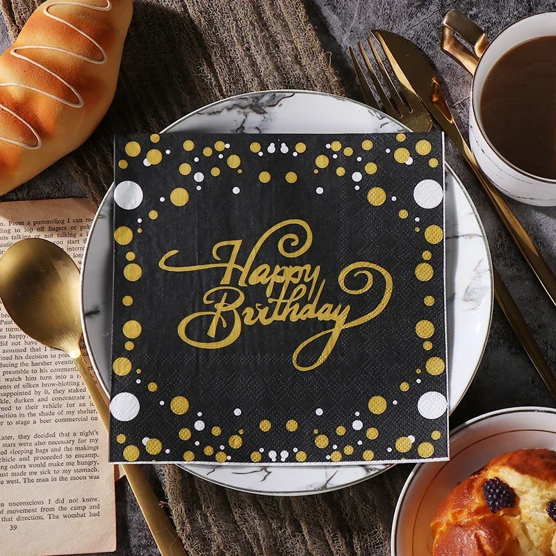 20pcs/Pac 33cm New Black and Gold Birthday Printing Paper Napkins Party Colorful  Letter Happy Birthday Pure Wood Pulp Paper