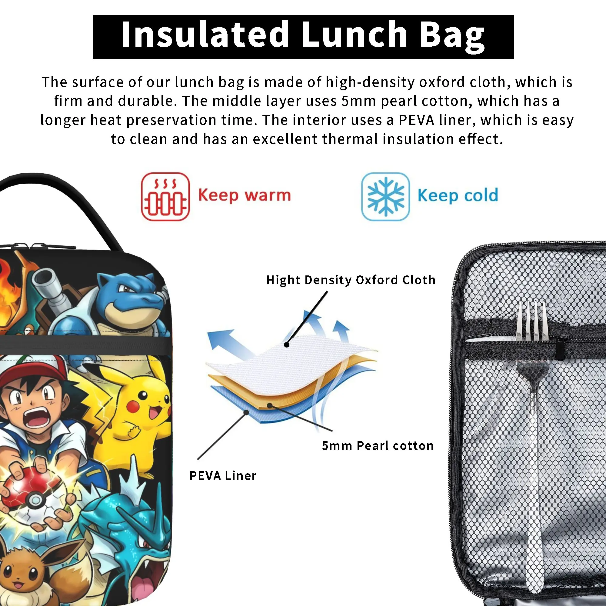 Ash Ketchum Crew Cartoon-Lunchtasche für Männer, individuelle Picknick-Lunchbox, lustige tragbare Oxford-Kühltasche mit Reißverschluss – Detail 5