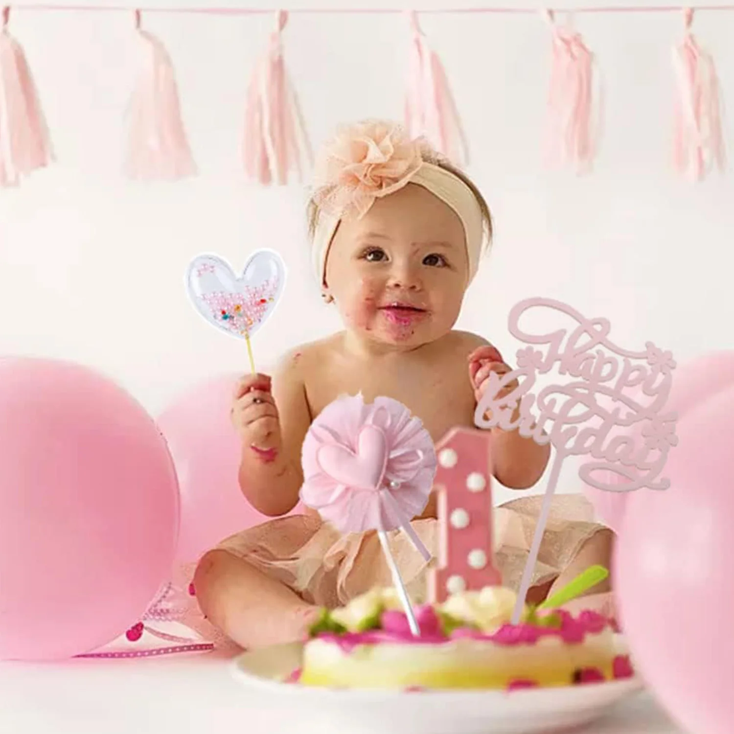 Roségoldenes Happy Birthday-Kuchenaufsatz-Set, 5-teilig, herzförmige rosa Perlen, Cupcake-Topper für Mädchen und Frauen, Prinzessinnen-Party-Dekorationen – Detail 3