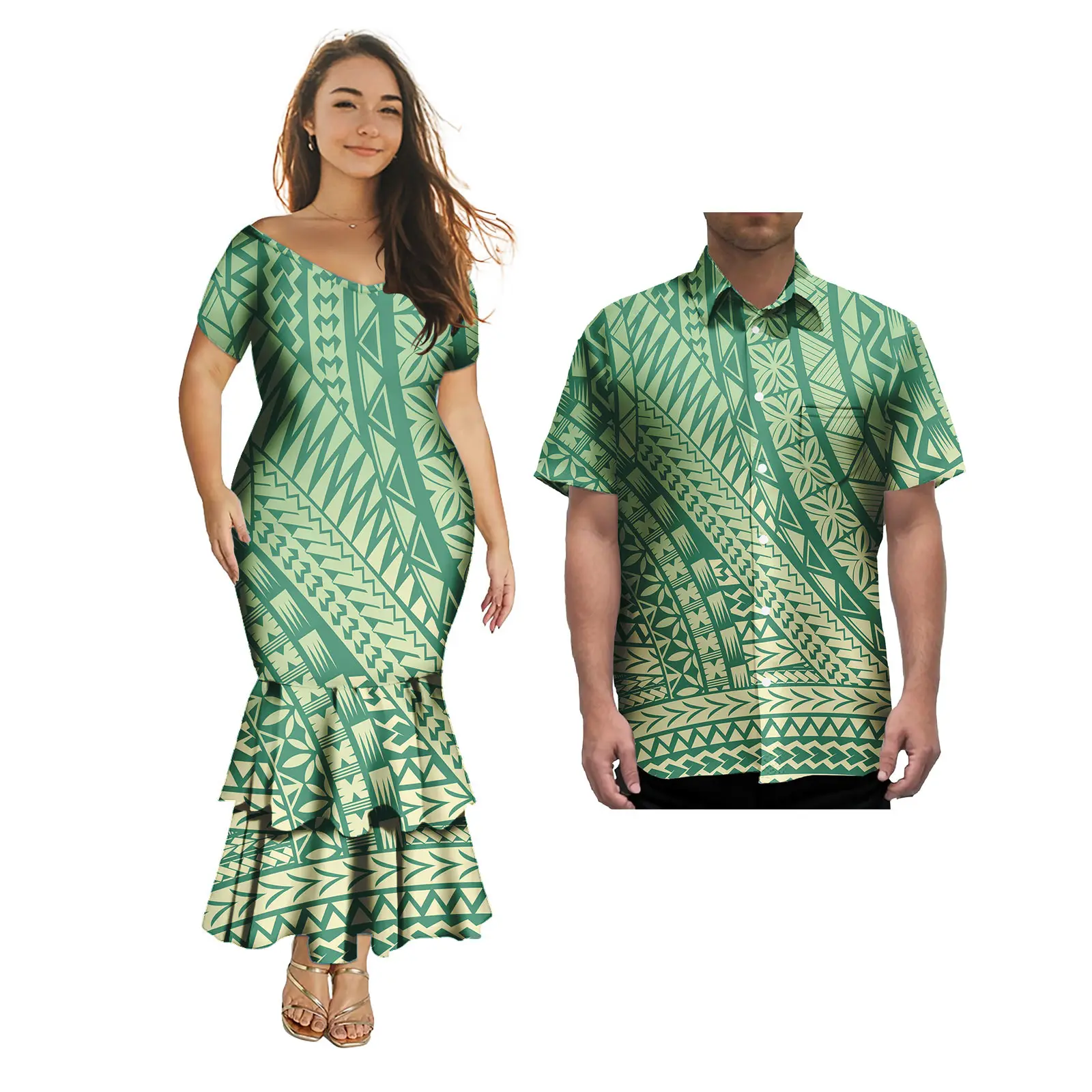 การจับคู่คู่ชุด Polynesian ออกแบบที่กําหนดเอง Elegant ผู้หญิงชุดนางเงือกและเสื้อฮาวาย Aloha เกาะคู่ 2 ชิ้นชุด