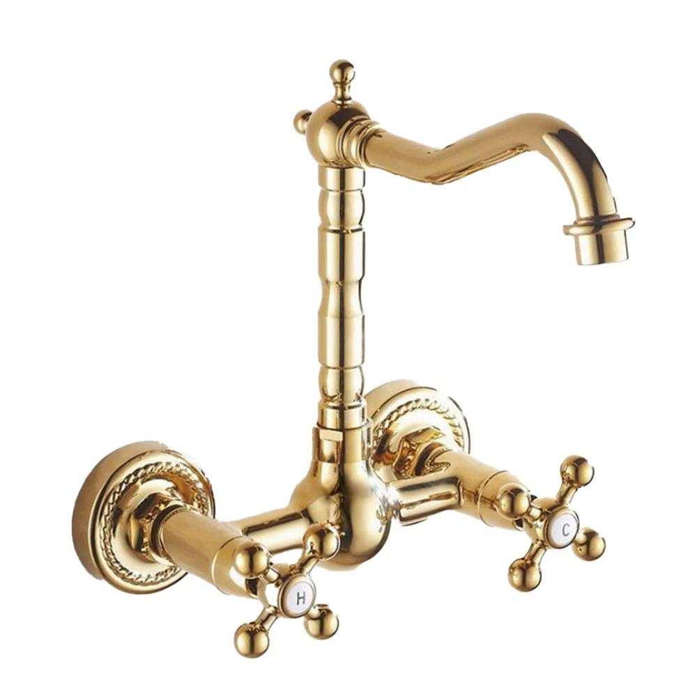 Gold Color Brass Double Handle Kitchen Faucet Wall Mounted 360 Degree Rotate Bathroom Kitchen Mixers Hot and Cold Tap Lgf018