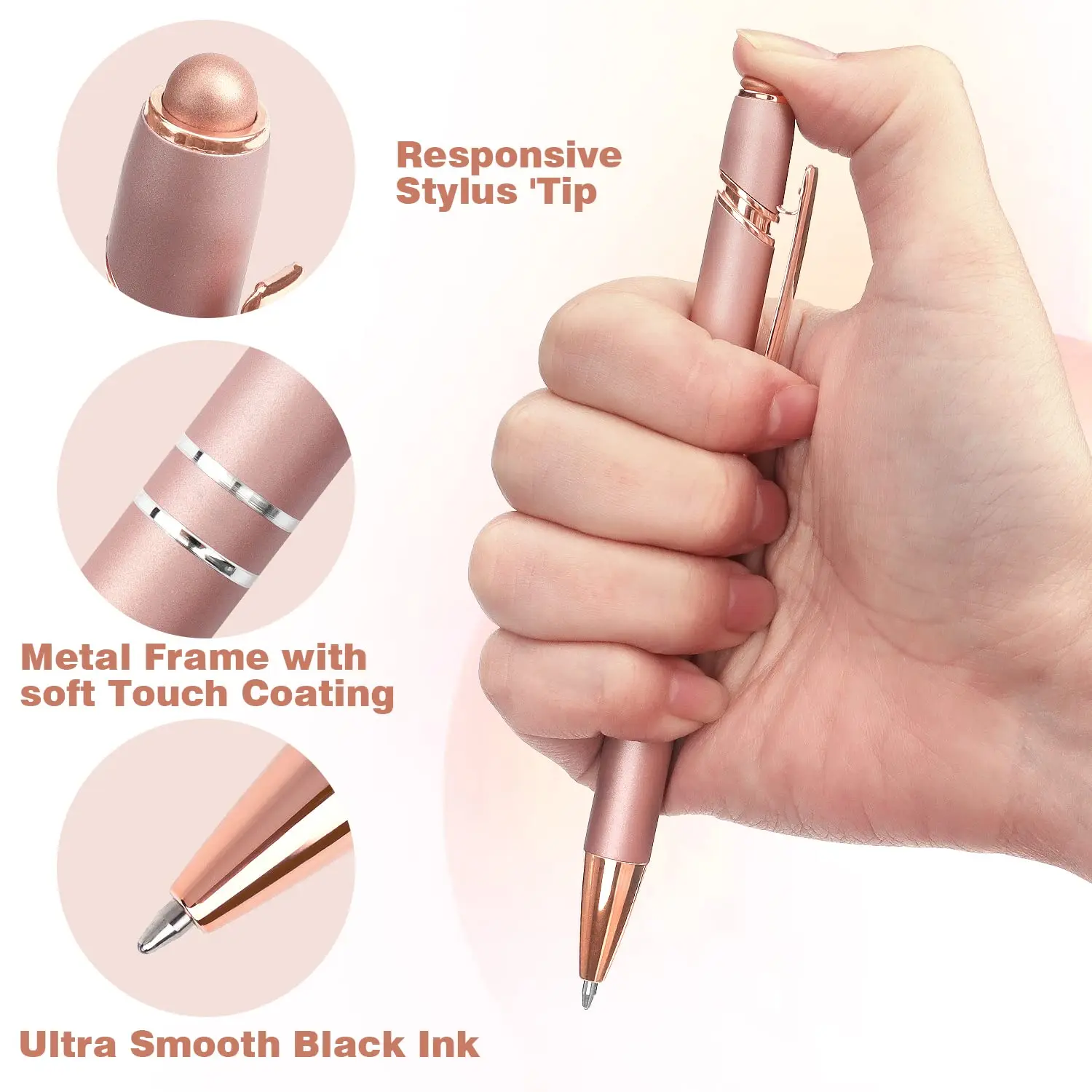 5Pcs Rose Gold Metal Ballpoint Pen 2 In 1 Retractable Ballpoint Pens With Stylus Metal Stylus For Touch Screen