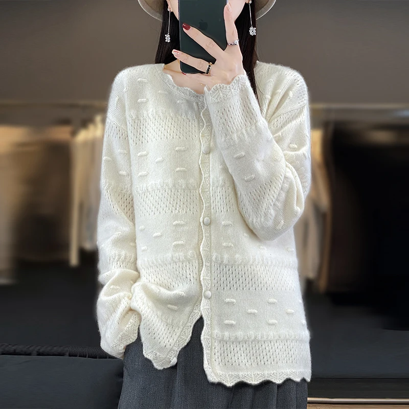 BELIARST 2023 Autumn/Winter 100% Merino Wool Clothing Women\'s O-Neck Knitted Cardigan Casual Fashion Korean Large Size Tops Coat