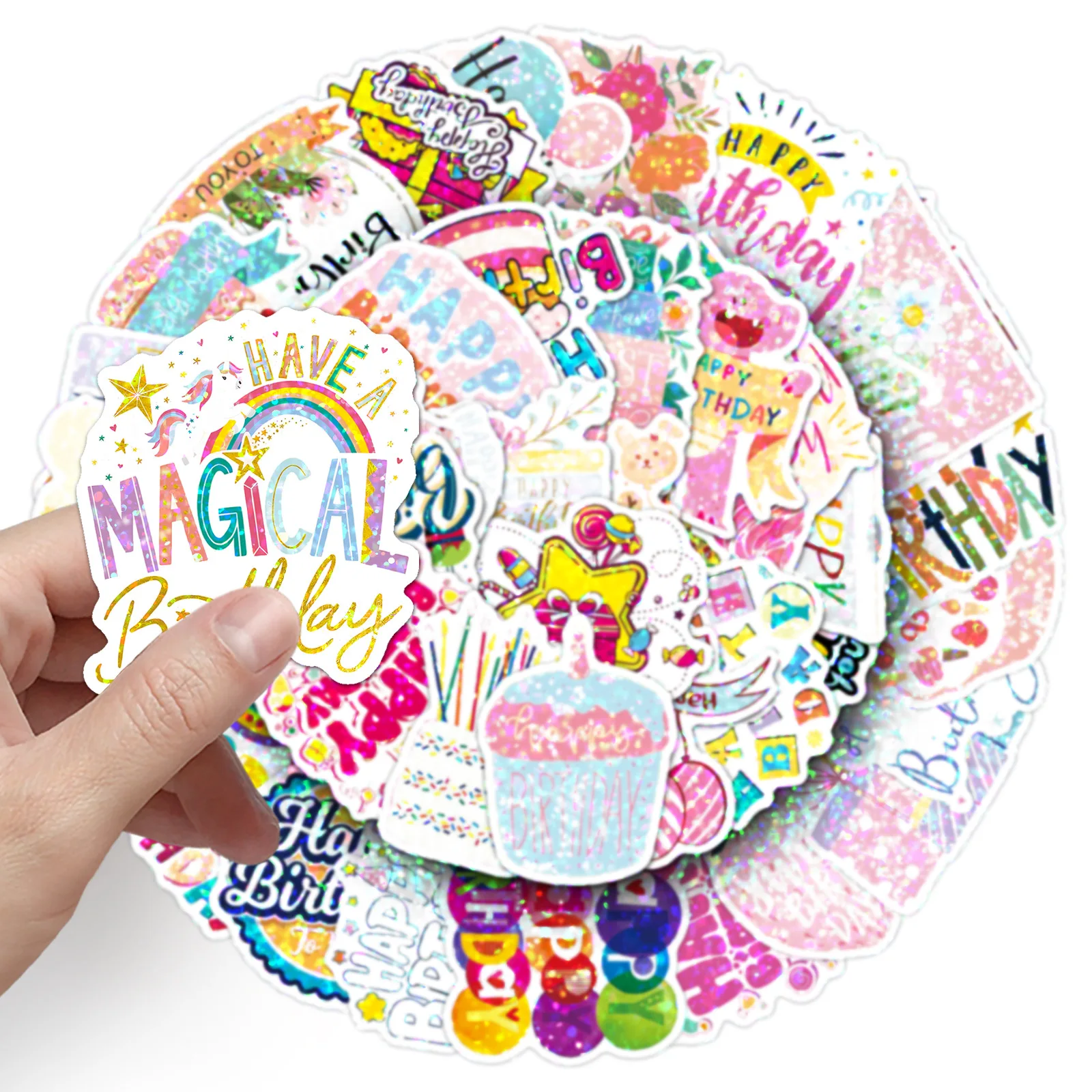 50PCS New Happy Birthday Graffiti Stickers Shiny Style Cartoon Decoration DIY Kids Toys Laptop Guitar Car Bike Skateboard Decals