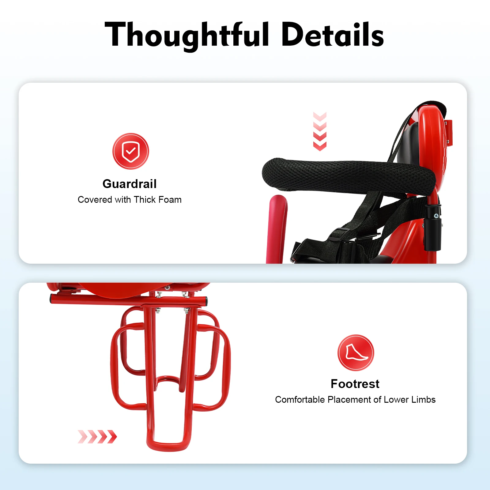 مقعد دراجة أطفال خلفي أحمر، تصميم قابل للإزالة، ضمان سلامة ركوب الخيل بدون حاجز للدراجة الكهربائية على الطرق الجبلية القابلة للطي