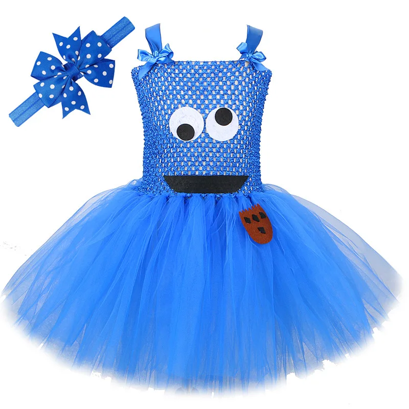 Blue Cookie Monster Tutu Dress for Girls Halloween Costume Cartoon Tulle Kids Birthday Carnival Party Dresses Children Clothing