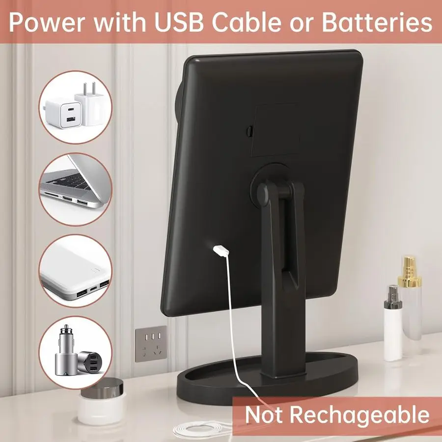 Grand miroir de maquillage éclairé avec lumières, 3 modes d'éclairage de couleur, miroir lumineux avec 88 LED, grossissement 10X et rotation à 360 degrés