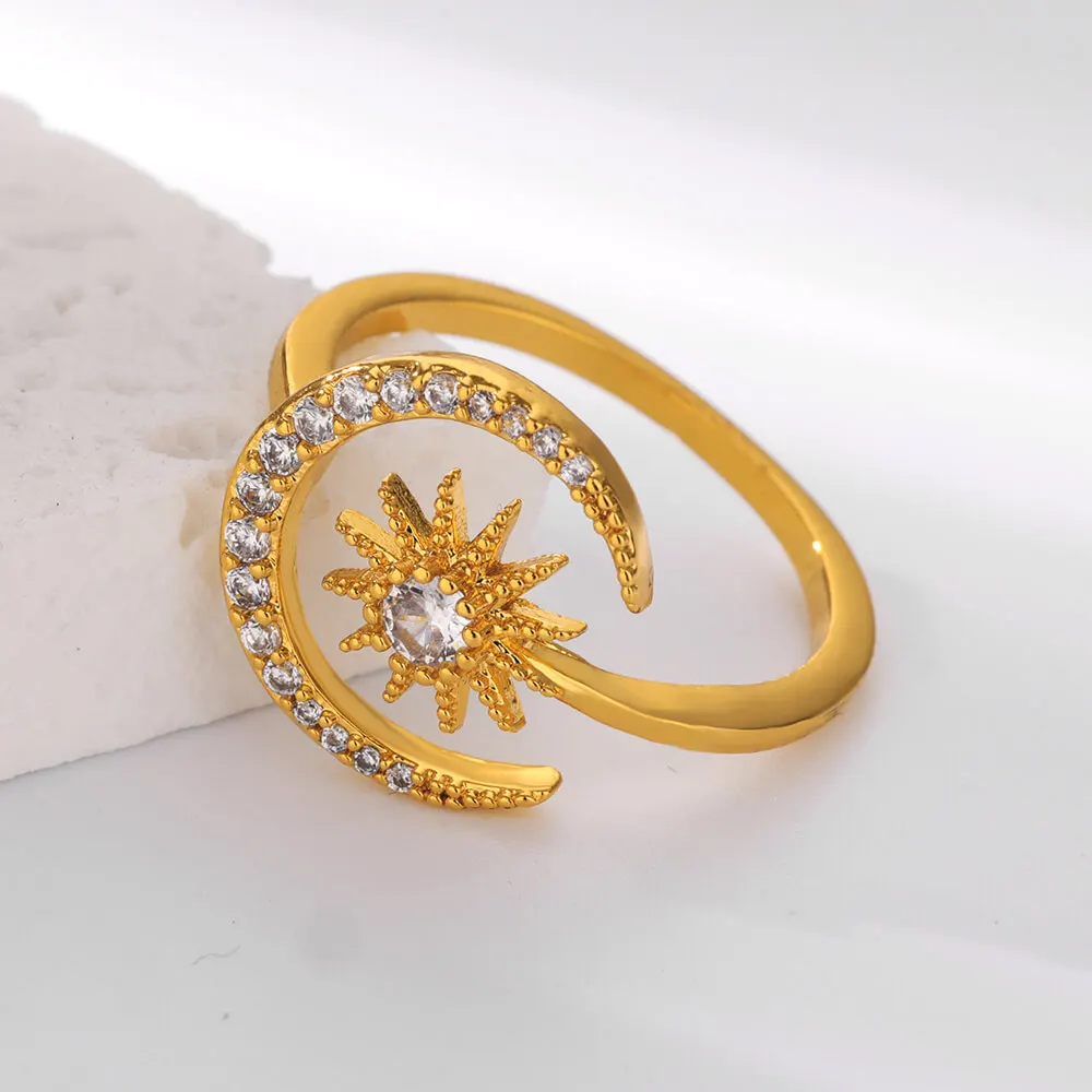 Dainty Zircon Stars Crescent Moon Rings for Women Stainless Steel Gold Color Geometric Wedding Ring Aesthetic Wedding Jewelry