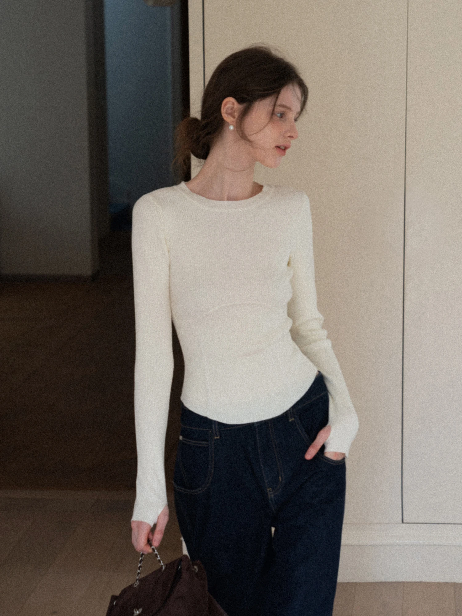 

Eggka Long Sve Трикотажный круглый Ne Slim Fit Универсальный базовый слой Топ Fibone Design Casual Sle Women's Faion