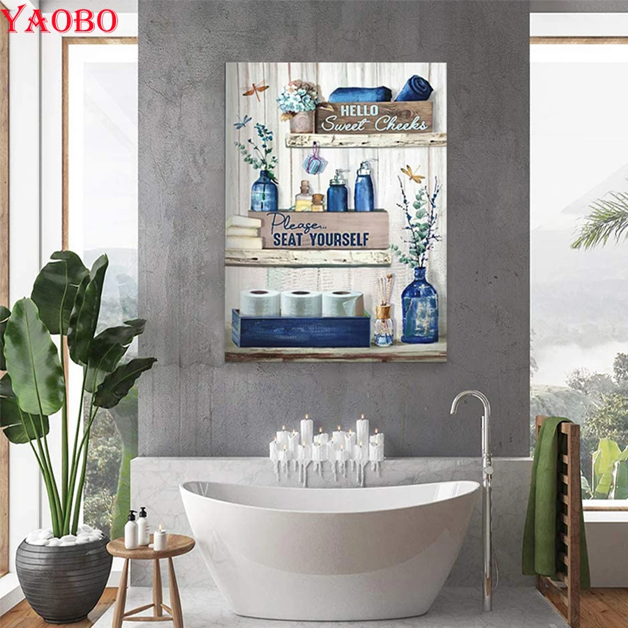 Rustic Bathroom Sign Please Seat Yourself DIY 5d Diamond Painting Full Drill Square Diamond Embroidery Mosaic Bathroom Decor