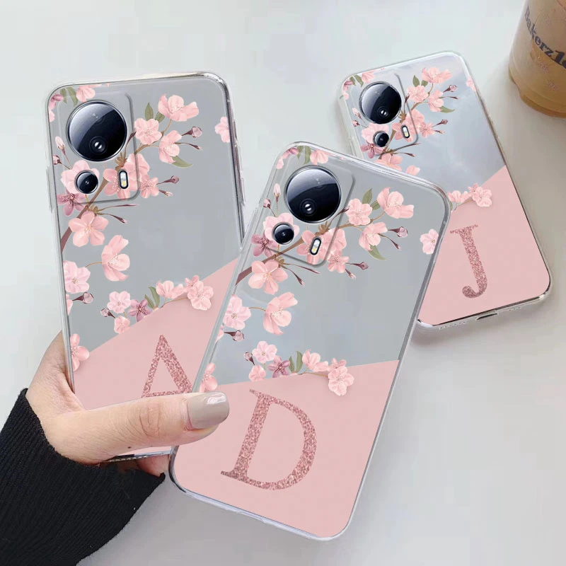 Clear Initial Letter Case For Xiaomi 13 Lite Cover Pink Flowers Alphabet Soft Silicone Coque For Xiaomi 13Lite 6.55