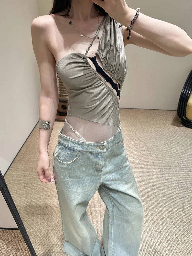 

ICEYY Rui Design для похудения Pure Desire Splice Top женский встроенный асимметричный комбинезон на одно плечо корейская футболка