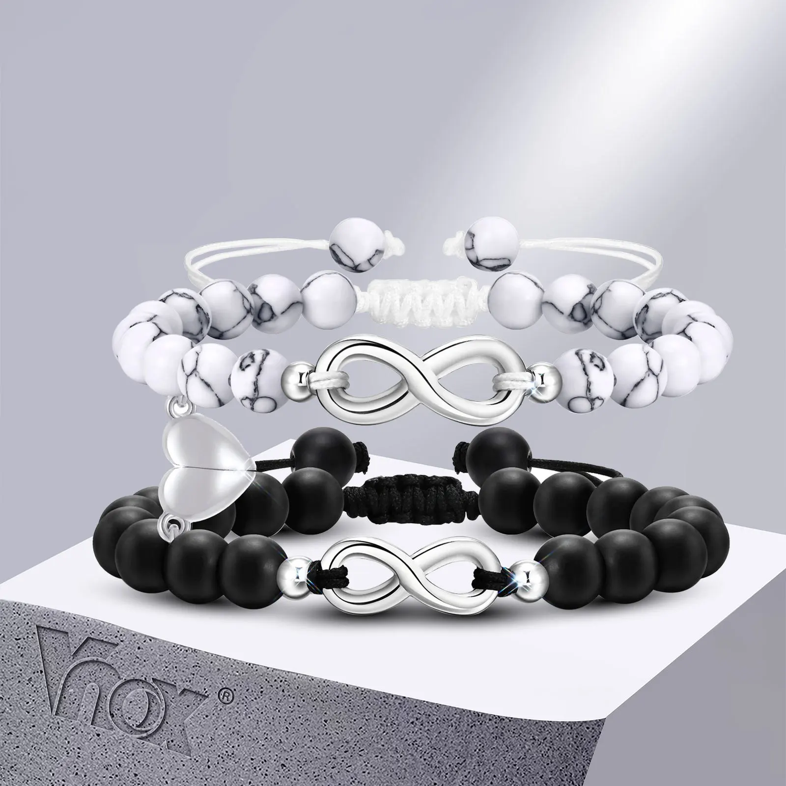 Vnox Infinity Couple Bracelets for Women Men, 2pcs/Set Matching Heart Charm Bracelets,Valentine's Day Gift for Him Her