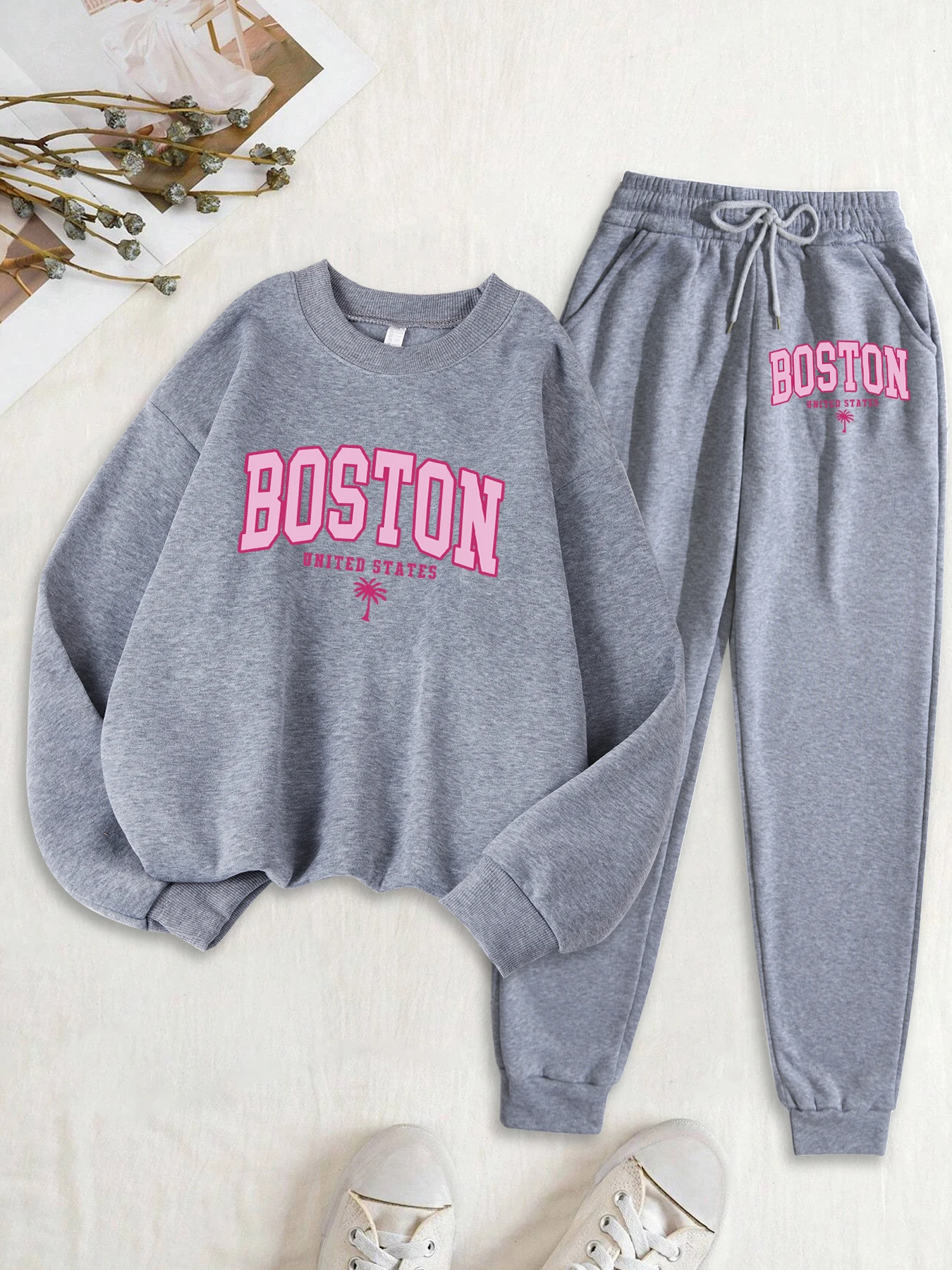 Boston United States Prints Women Sweatshirt Set Casual O-Neck Jogging Pants Fashion Autumn Sweatpants Fleece Street Tracksuit
