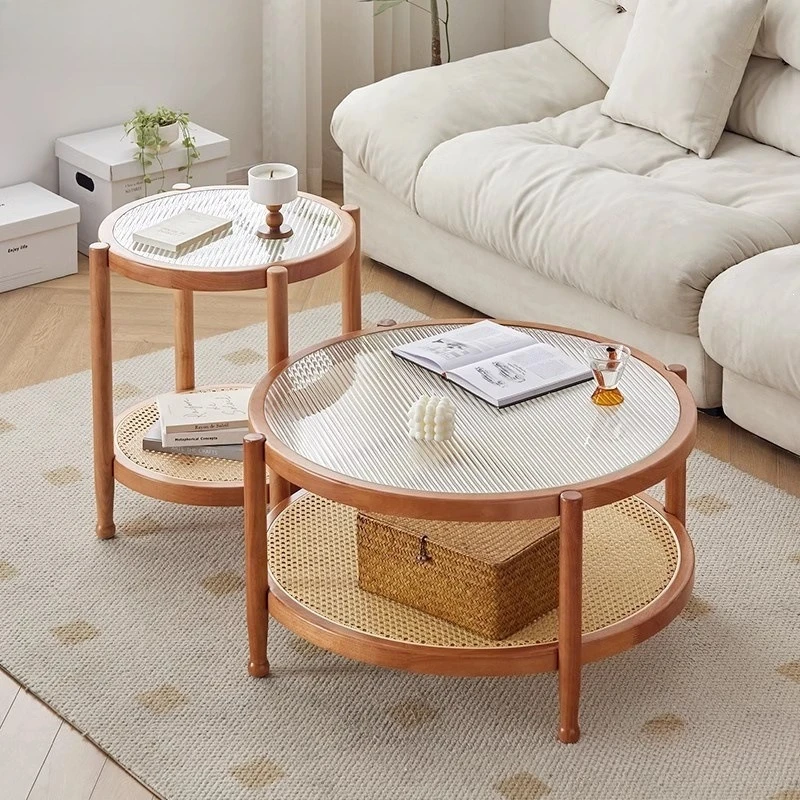

Rattan Changhong glass coffee table living room household small apartment simple modern black retro wabi sabi round edge table