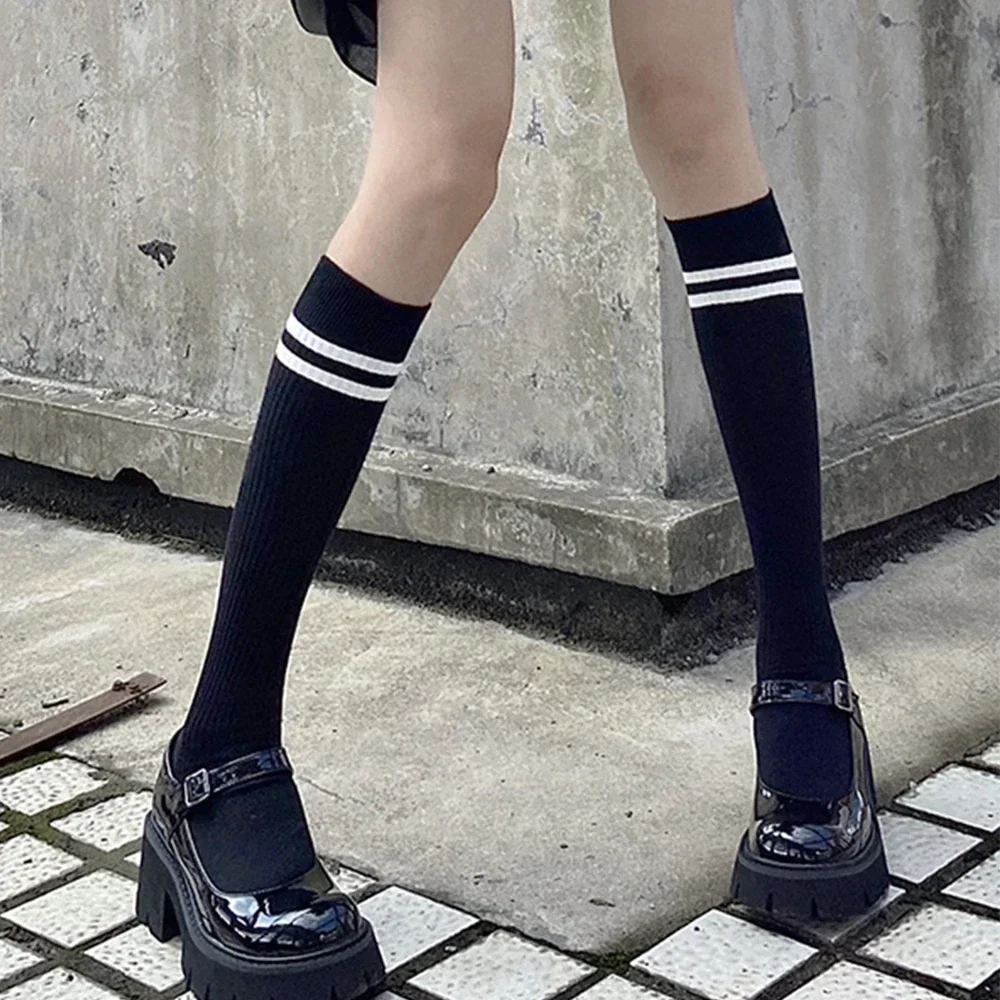 Black White Striped Stockings Solid Color Long Socks Women Hosiery Japanese JK Calf High Sock Students Mid Tube Leggings Tights