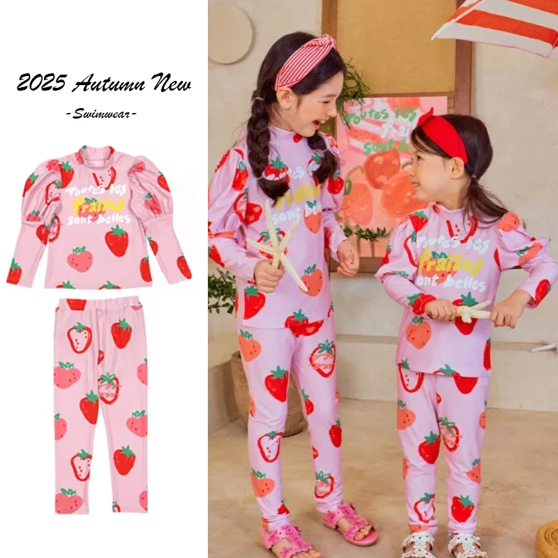 

2025 Autumn New Pink Long Sleeve Sunscreen Swimsuit for Girls Swimsuit Set for Baby Girls Beach Swimming Children's Clothing