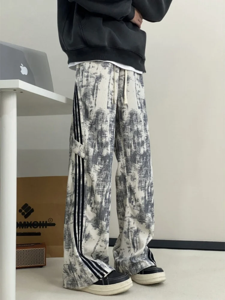 

Новые модные молодежные брюки свободного кроя в стиле тай-дай с полосками, теплые, прямые, весенние, трендовые, для подростков, с эффектом «высокого сенса»