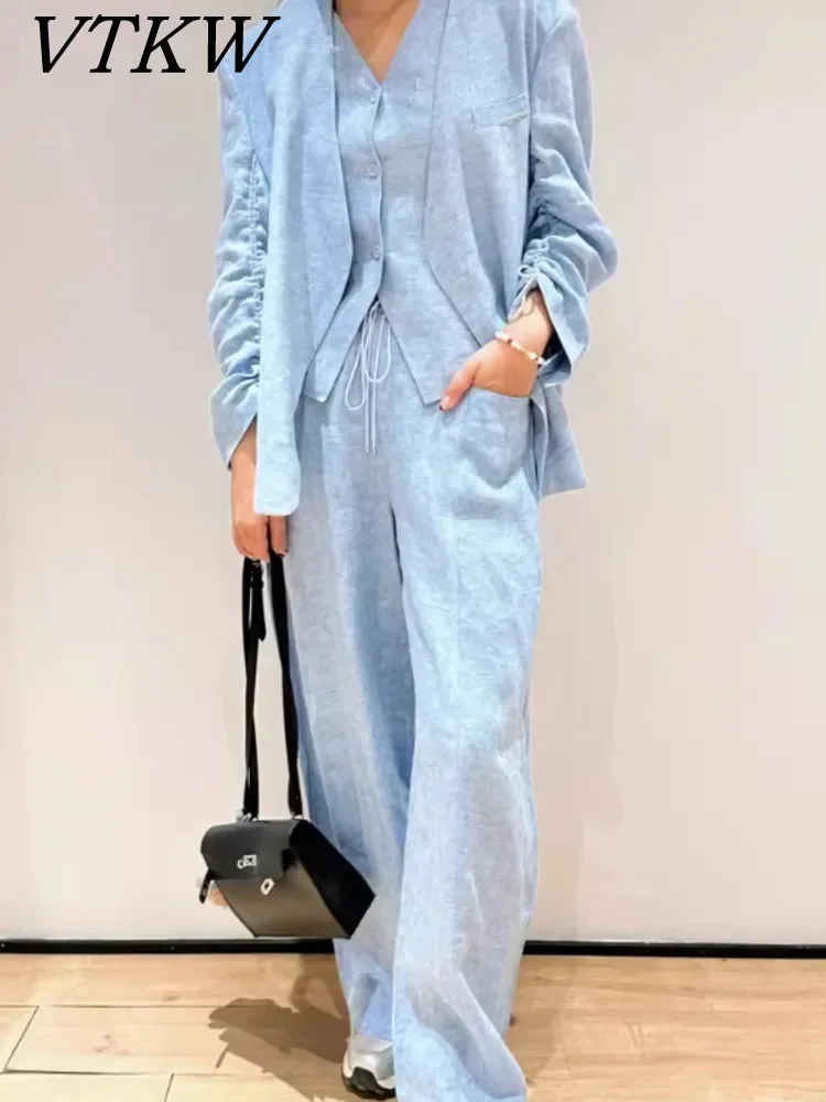 

VTKW High-quality Solid Color V-neck Versatile Loose Coat New Spring Autumn 2025 Women One-button Design Simple Two-piece Set