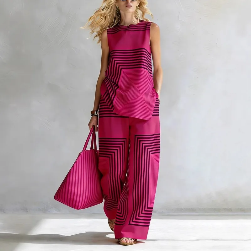 Spring Summerurban Loose Suit From Amazon To Europe  America, Fashionable and Stylish, Light Sleeveless Top and Wide-leg Pants.