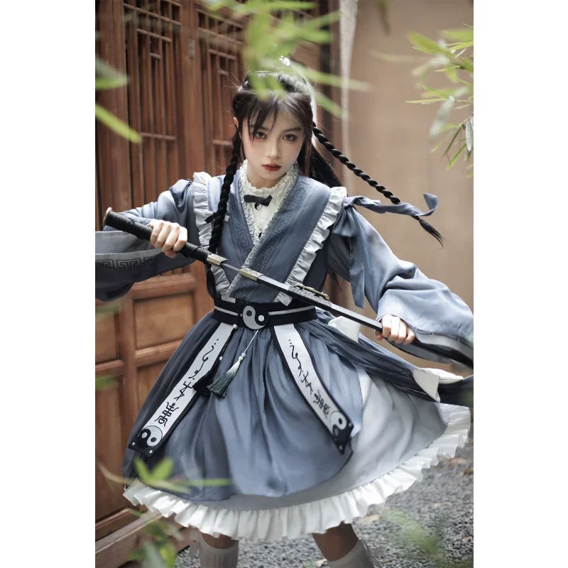 

2023 Autumn Ancient Blue Exorcist Girl Lolita Dress 2pcs Chinese Style Hanfu for Women Cute Halloween Girls Cosplay Costumes