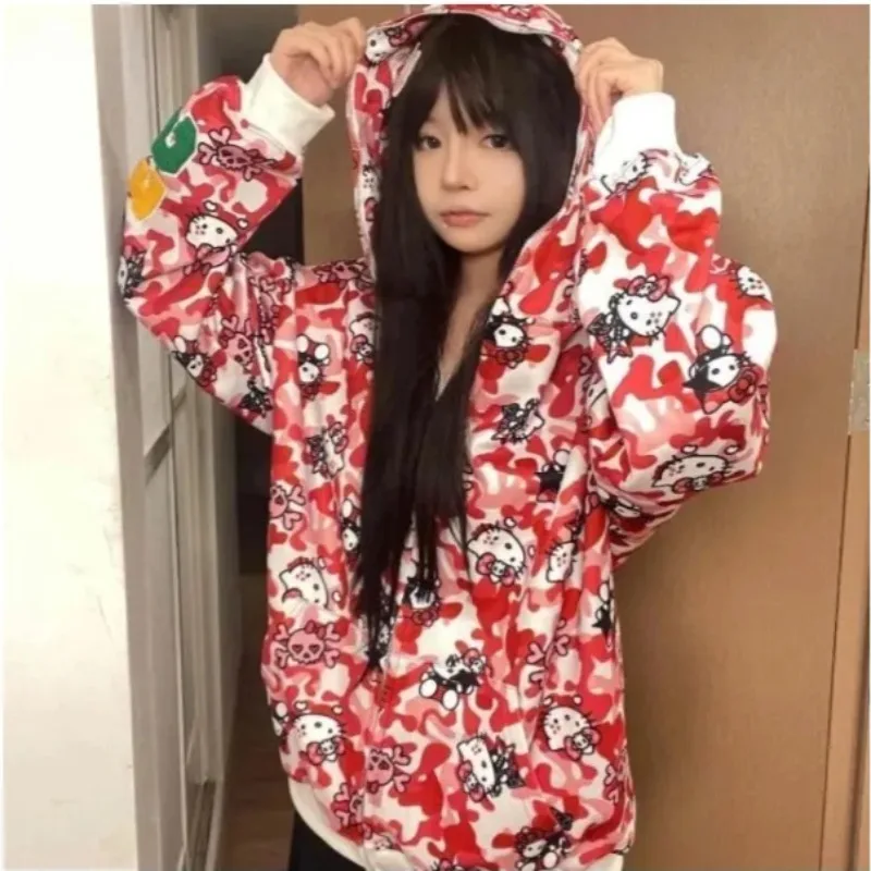 Sanrio Y2k mantel ritsleting kamuflase Hellokitty Harajuku motif kartun Kitty kucing Gothic bertudung Sweatshirt pasangan