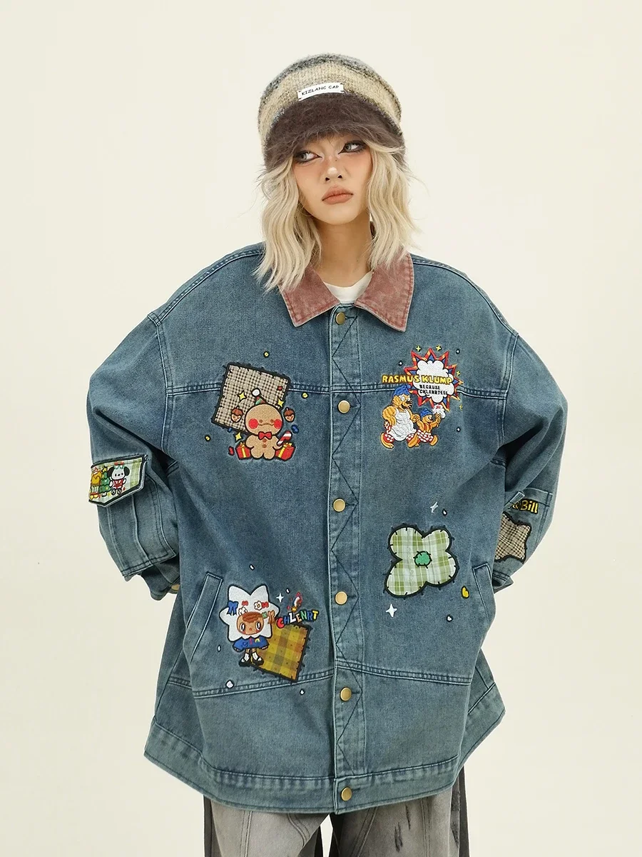 Fun Embroidery Color Matching Denim Jacket 2024 Autumn New Loose Bf American College Style Coats Women