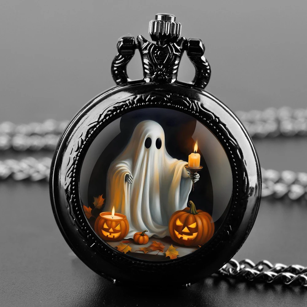 Jam tangan saku Quartz praktis kubah kaca desain hantu kreatif kalung rantai Fob hadiah anak-anak jam hadiah Halloween